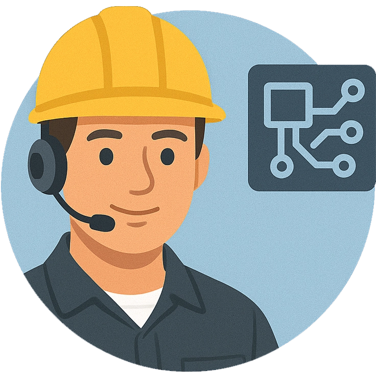 Illustrated male avatar with hard hat and tech gear