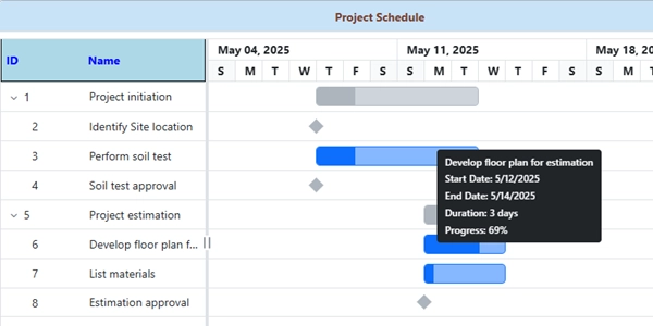 Construction Gantt chart with scheduling tools